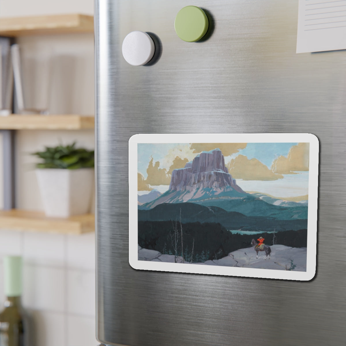 Mountie Gazing at Butte (Magazine Illustration) Refrigerator Magnet-The Sticker Space