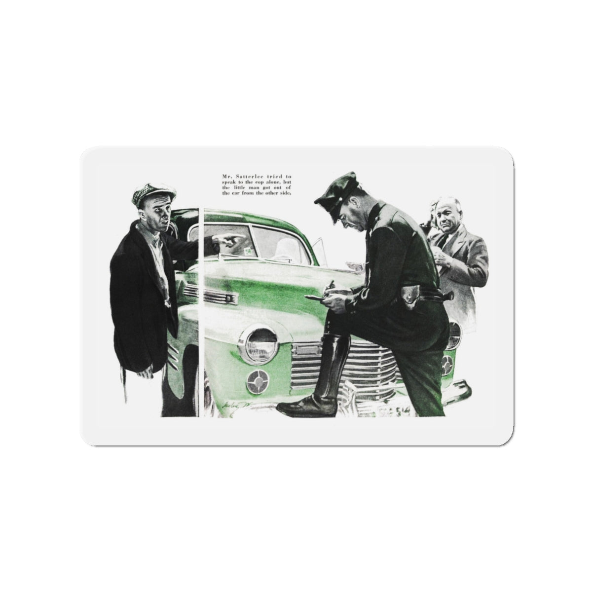 Mr. Satterlee Shares the Ride, Cosmopolitan, October 1943 (Magazine Illustration) Refrigerator Magnet-3" x 3"-The Sticker Space