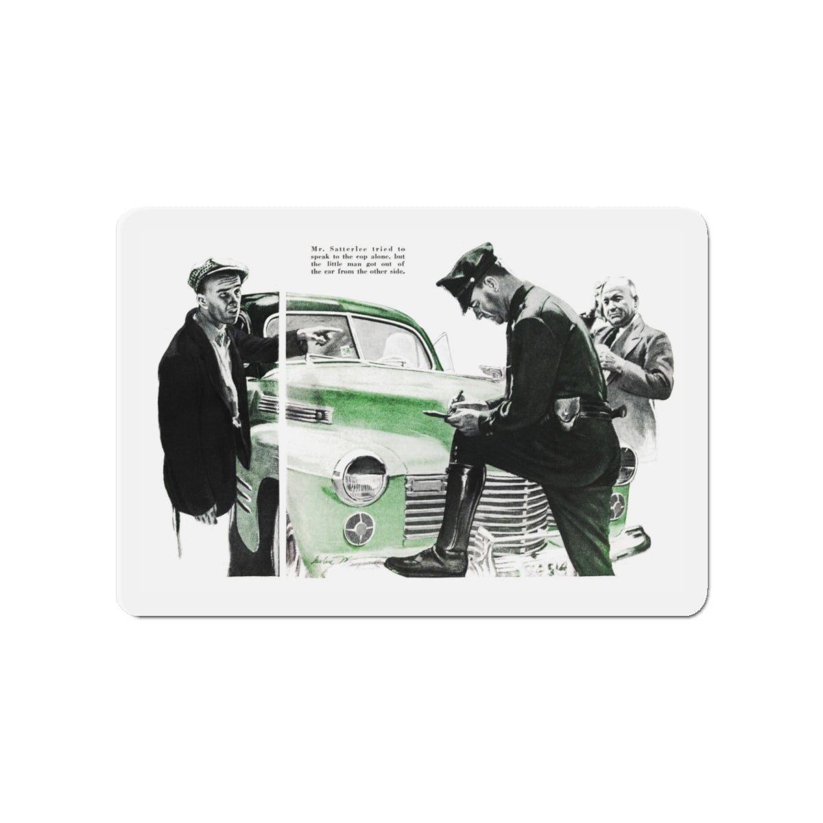 Mr. Satterlee Shares the Ride, Cosmopolitan, October 1943 (Magazine Illustration) Refrigerator Magnet-4" x 4"-The Sticker Space