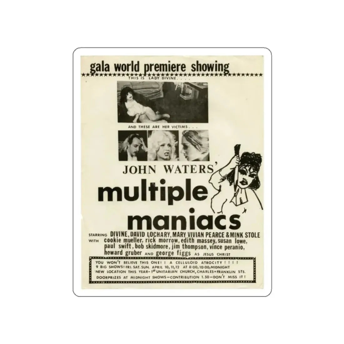 MULTIPLE MANIACS 1970 Movie Poster STICKER Vinyl Die-Cut Decal 2 Inch - The Sticker Space