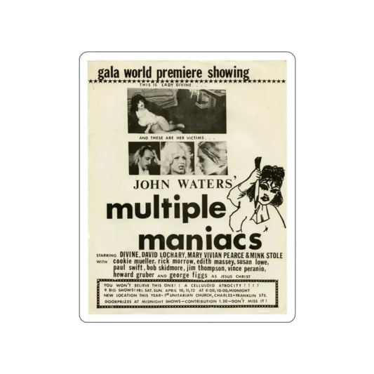 MULTIPLE MANIACS 1970 Movie Poster STICKER Vinyl Die-Cut Decal 2 Inch - The Sticker Space