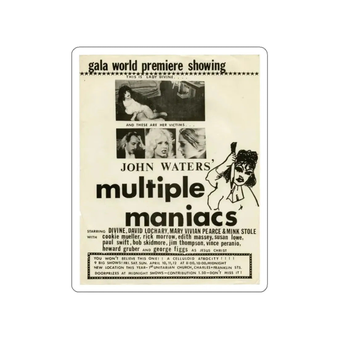 MULTIPLE MANIACS 1970 Movie Poster STICKER Vinyl Die-Cut Decal 4 Inch - The Sticker Space