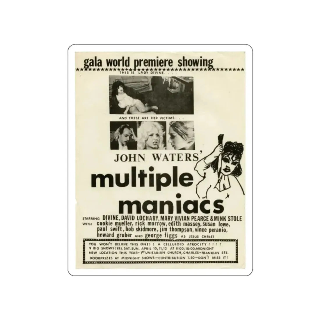 MULTIPLE MANIACS 1970 Movie Poster STICKER Vinyl Die-Cut Decal - The Sticker Space