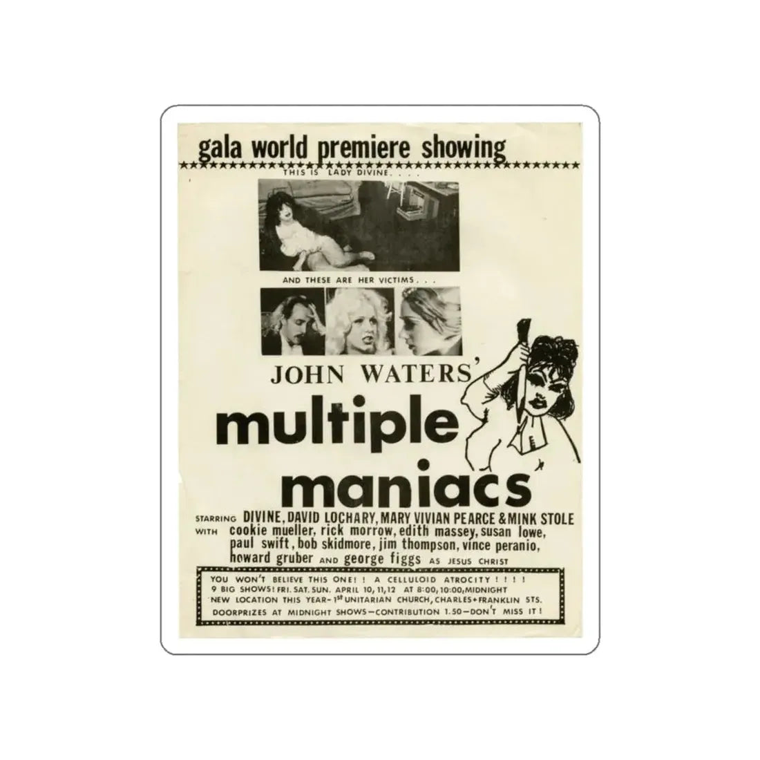 MULTIPLE MANIACS 1970 Movie Poster STICKER Vinyl Die-Cut Decal - The Sticker Space