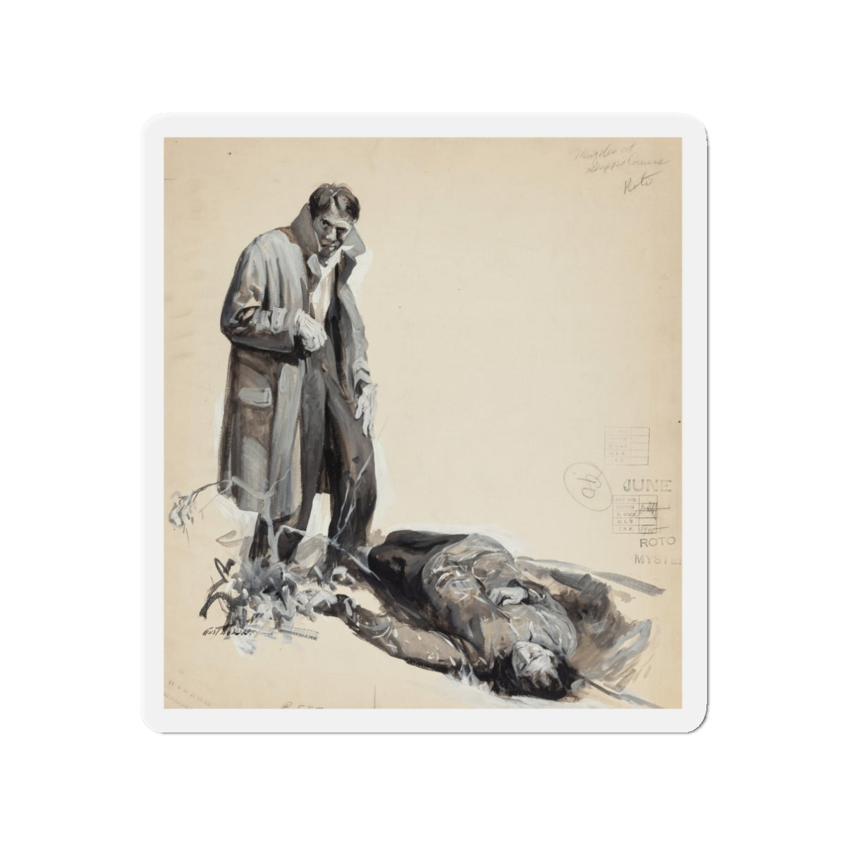 Murder of Gripps Corners, probable pulp illustration, 1934 (Magazine Illustration) Refrigerator Magnet-3" x 3"-The Sticker Space