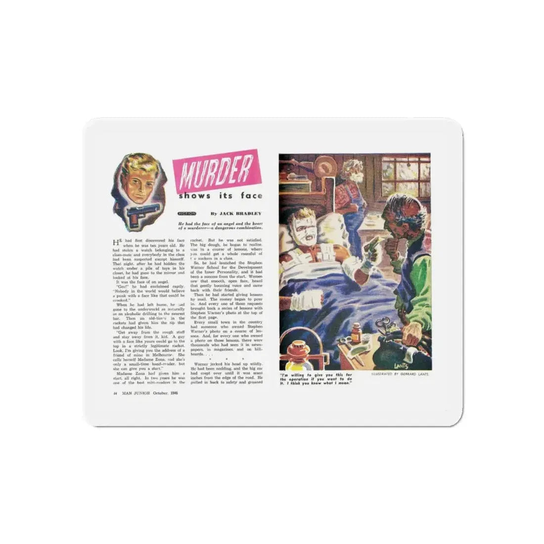 Murder shows its face, Man Junior, October 1948 (Magazine Illustration) Refrigerator Magnet - The Sticker Space