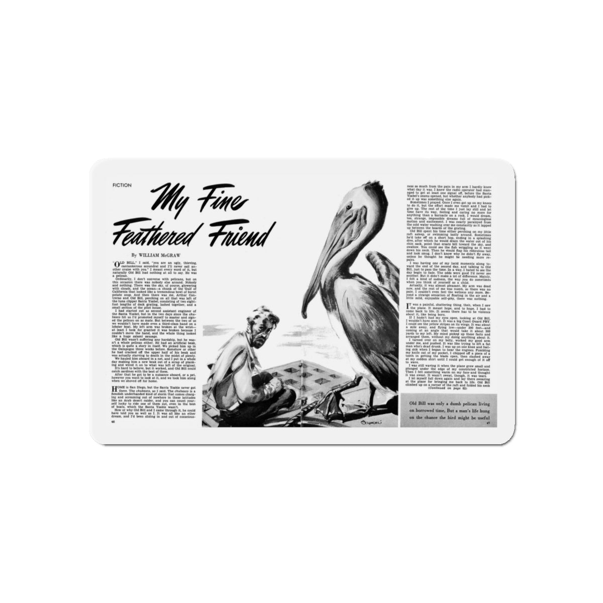 My Fine Feathered Friend, Man To Man, December 1949 (Magazine Illustration) Refrigerator Magnet-5" x 5"-The Sticker Space