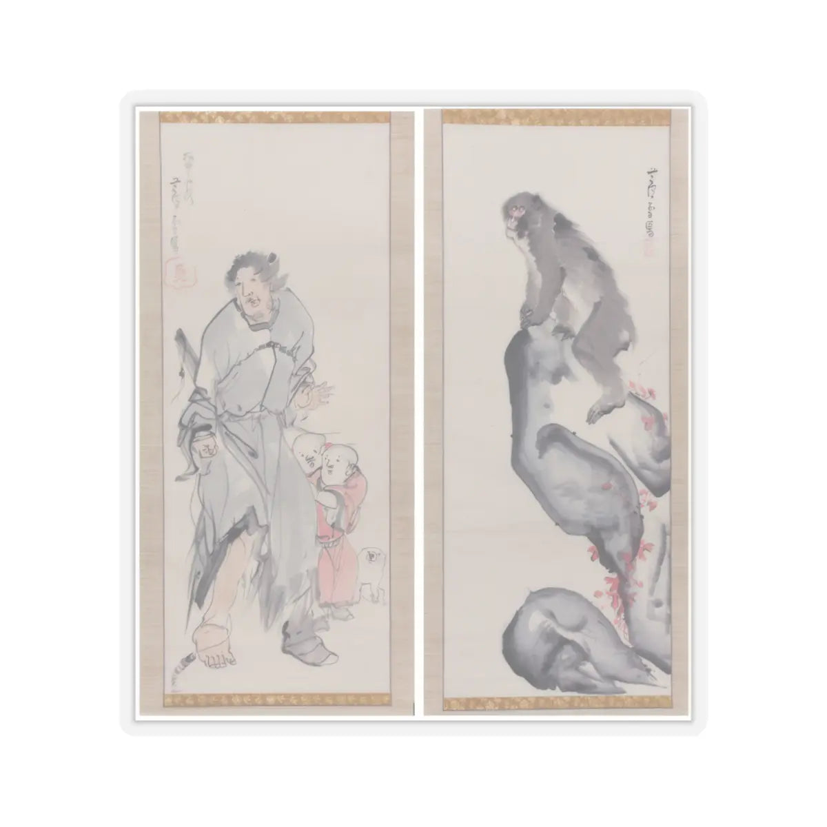 Nagasawa Rosetsu - Monkey on a Rock; Monkey Trainer with Chinese Children and Puppy - late 1790s v1 - STICKER Vinyl Kiss-Cut Decal