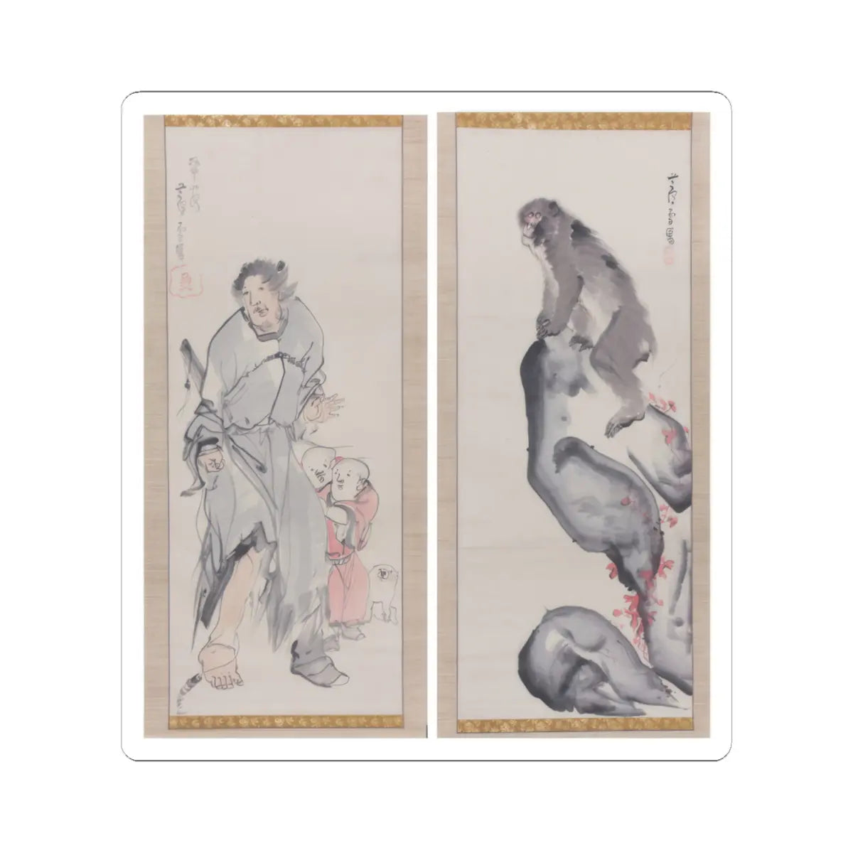 Nagasawa Rosetsu - Monkey on a Rock; Monkey Trainer with Chinese Children and Puppy - late 1790s v1 - STICKER Vinyl Kiss-Cut Decal