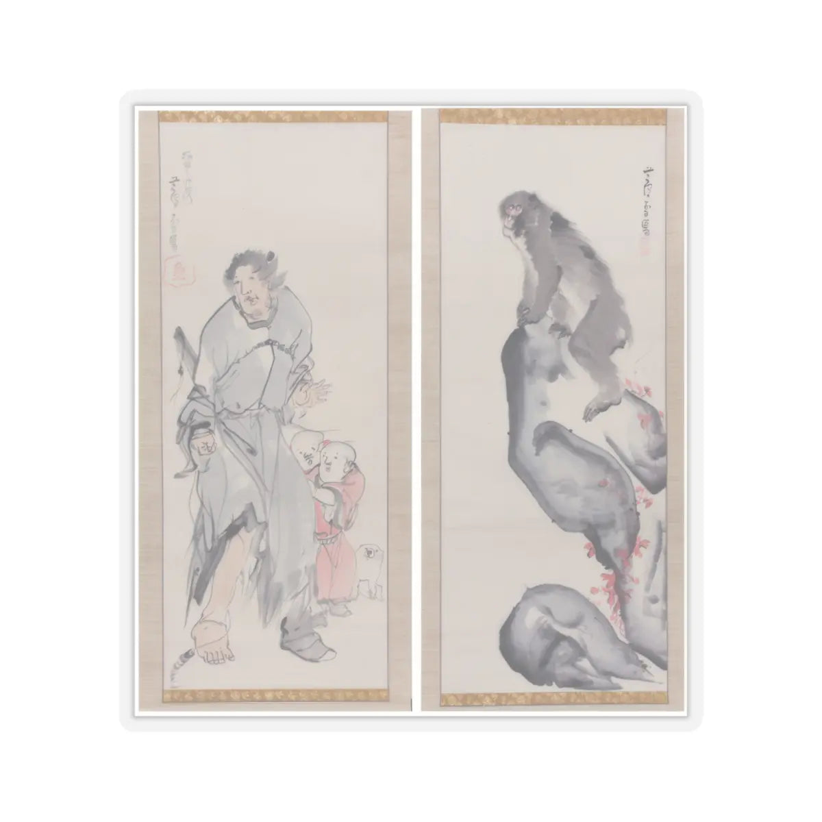 Nagasawa Rosetsu - Monkey on a Rock; Monkey Trainer with Chinese Children and Puppy - late 1790s v1 - STICKER Vinyl Kiss-Cut Decal