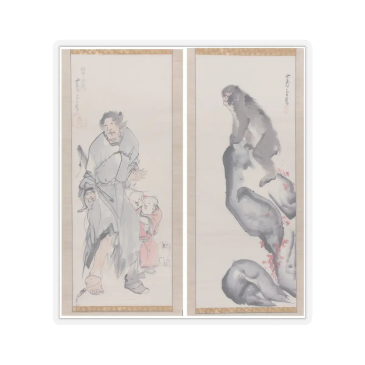 Nagasawa Rosetsu - Monkey on a Rock; Monkey Trainer with Chinese Children and Puppy - late 1790s v1 - STICKER Vinyl Kiss-Cut Decal