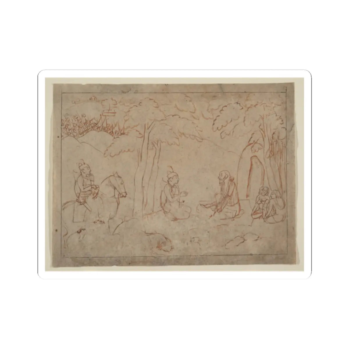 Brown ink sketch on tan paper of a horseman and seated figures beneath trees in a clearing, with distant troops.