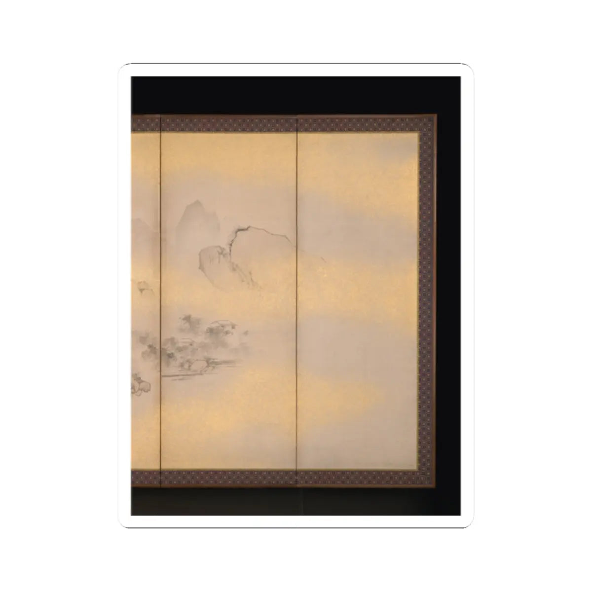 Gold-leaf folding screen with a faint ink landscape of misty mountains, pine trees and small thatched houses.