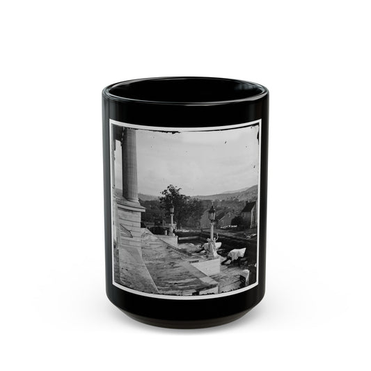 Nashville, Tenn. Steps Of The Capitol With Covered Guns; Vista Of The City Beyond (U.S. Civil War) Black Coffee Mug-15oz-The Sticker Space