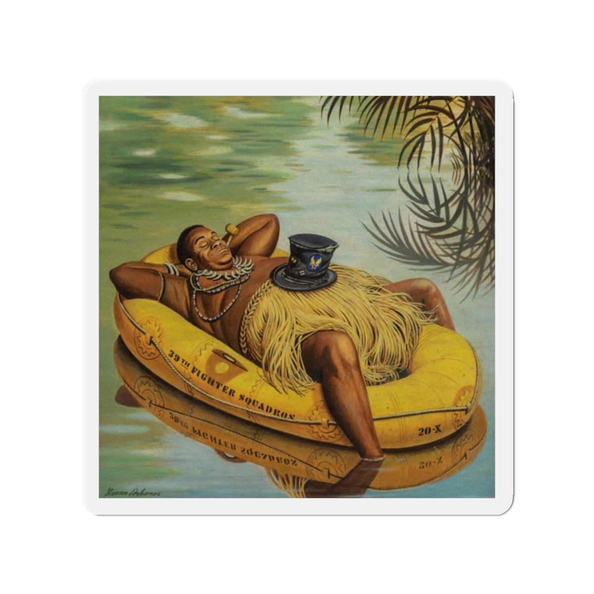 Native in an Army Raft, The Saturday Evening Post cover, December 1, 1945 (Magazine Illustration) Refrigerator Magnet-2" x 2"-The Sticker Space