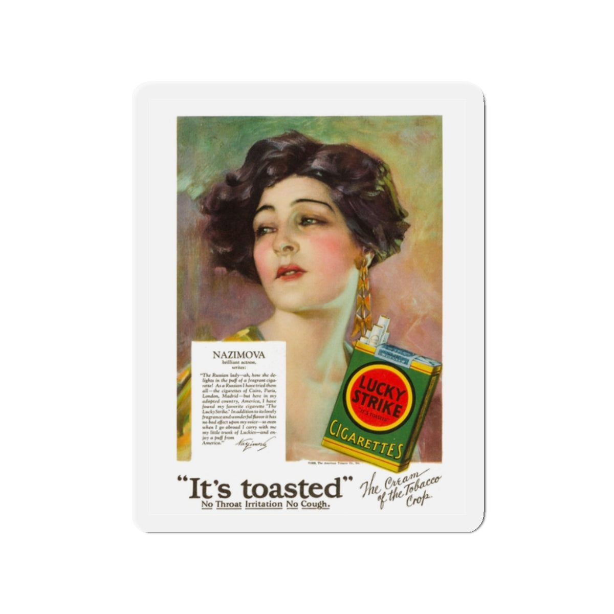 Nazimova, Lucky Strike ad on the back cover of Motion Picture, June 1928 (Magazine Illustration) Refrigerator Magnet-2" x 2"-The Sticker Space