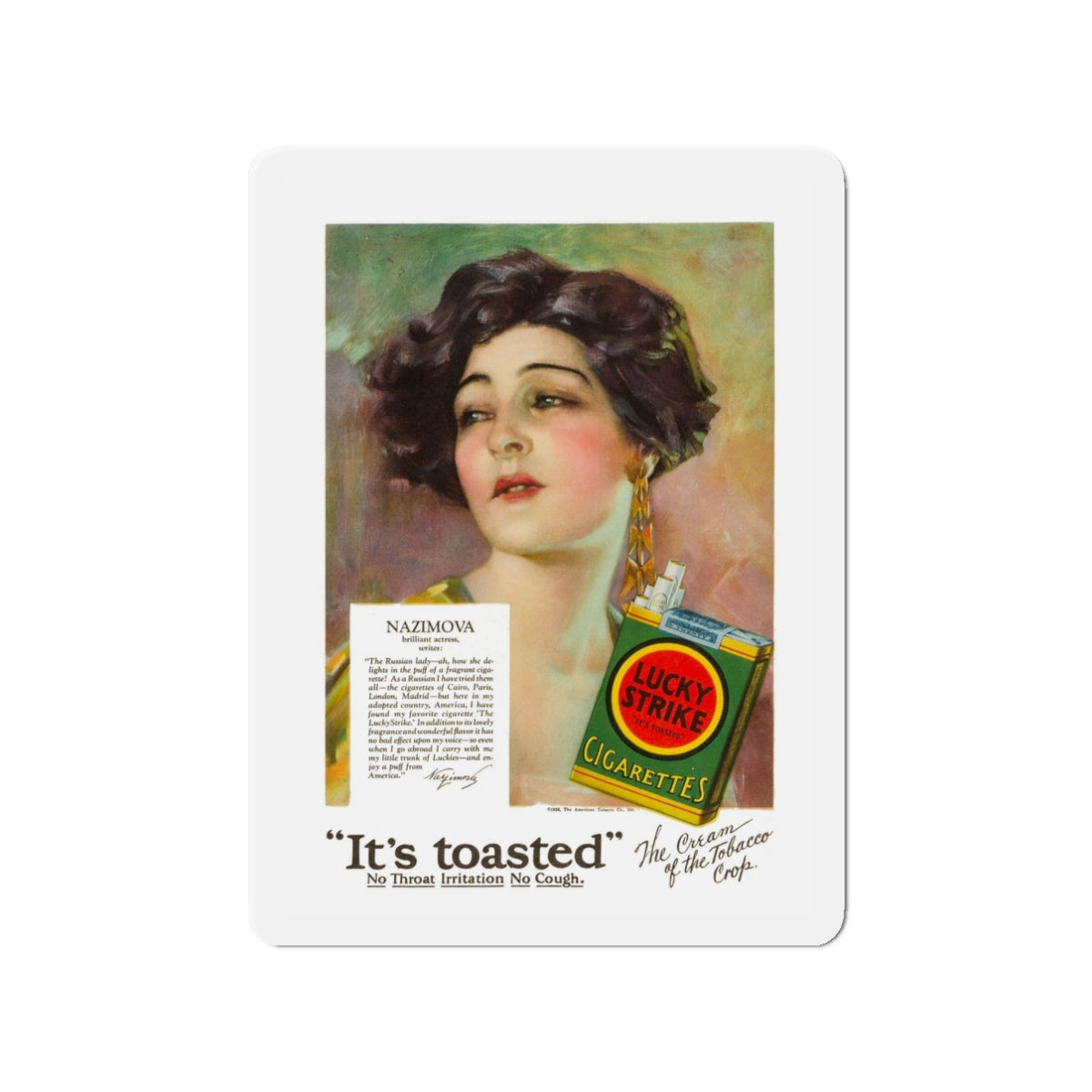 Nazimova, Lucky Strike ad on the back cover of Motion Picture, June 1928 (Magazine Illustration) Refrigerator Magnet-3" x 3"-The Sticker Space