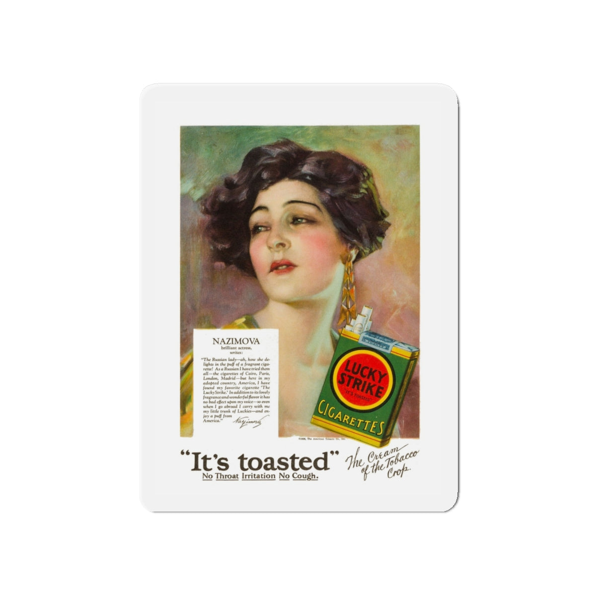 Nazimova, Lucky Strike ad on the back cover of Motion Picture, June 1928 (Magazine Illustration) Refrigerator Magnet-4" x 4"-The Sticker Space