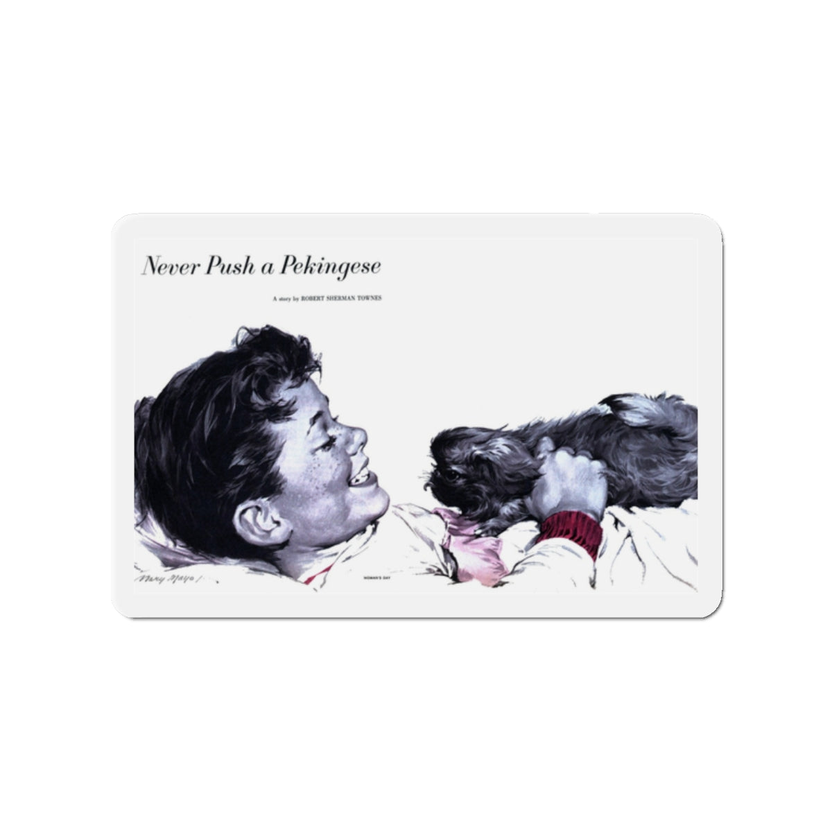 Never Push a Pekingese, Woman's Day, April 1957 (Magazine Illustration) Refrigerator Magnet-2" x 2"-The Sticker Space