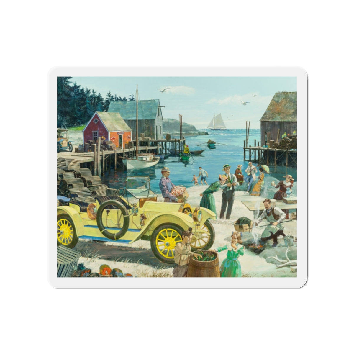 New England Clambake, 1912 Oldsmobile, Great Moments in Early American Motoring, 1970 (Magazine Illustration) Refrigerator Magnet-2" x 2"-The Sticker Space