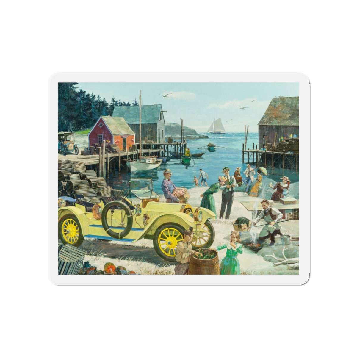 New England Clambake, 1912 Oldsmobile, Great Moments in Early American Motoring, 1970 (Magazine Illustration) Refrigerator Magnet-3" x 3"-The Sticker Space