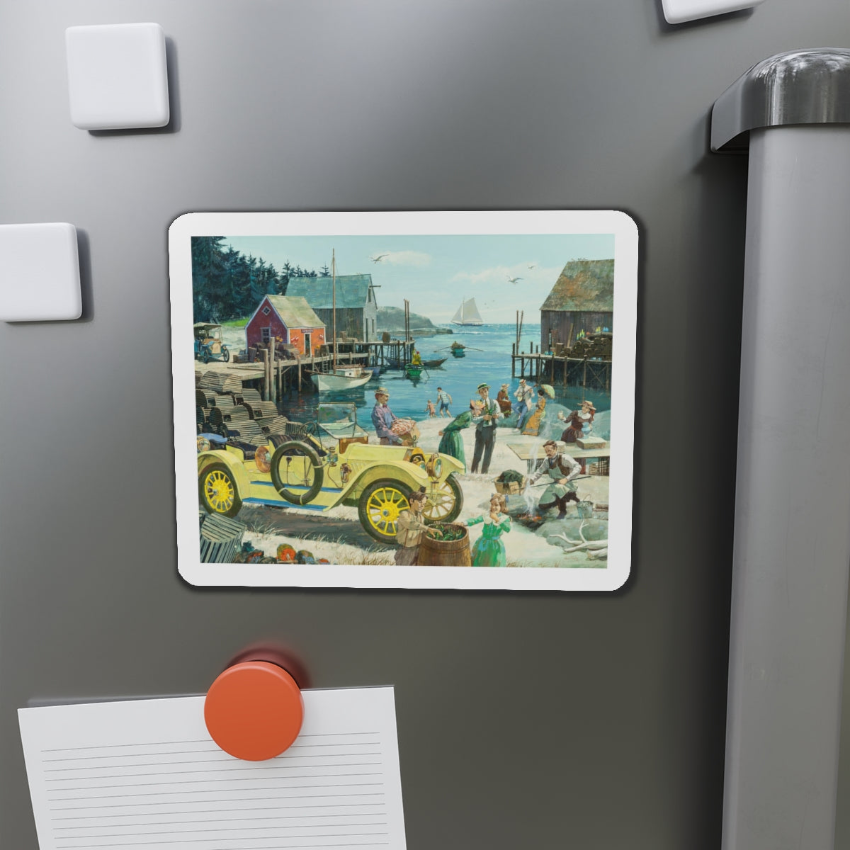 New England Clambake, 1912 Oldsmobile, Great Moments in Early American Motoring, 1970 (Magazine Illustration) Refrigerator Magnet-The Sticker Space