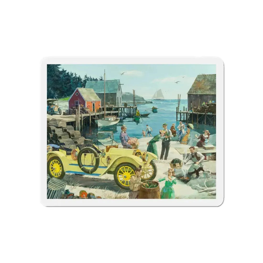 New England Clambake, 1912 Oldsmobile, Great Moments in Early American Motoring, 1970 (Magazine Illustration) Refrigerator Magnet - The Sticker Space