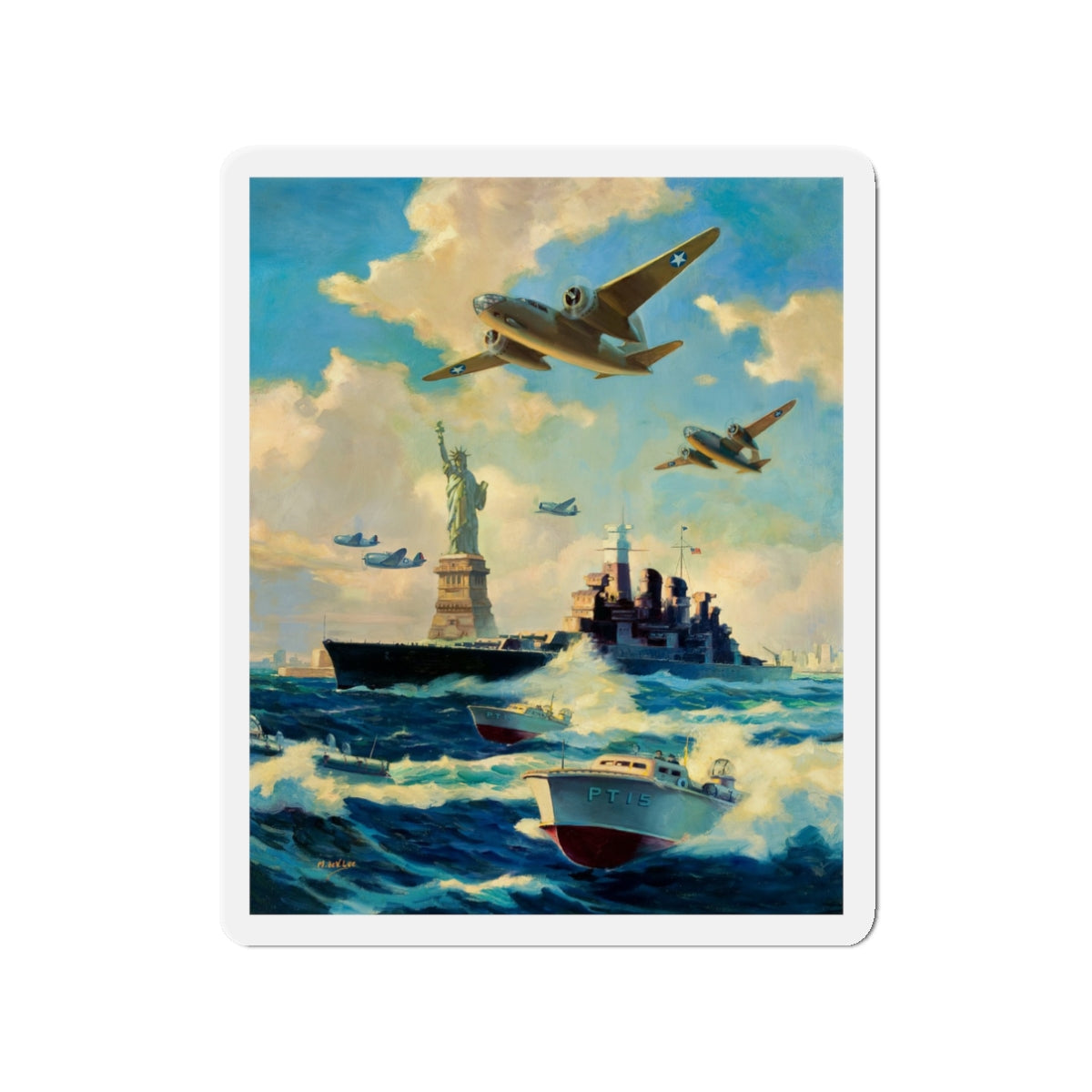 New York Harbor (Magazine Illustration) Refrigerator Magnet-3" x 3"-The Sticker Space