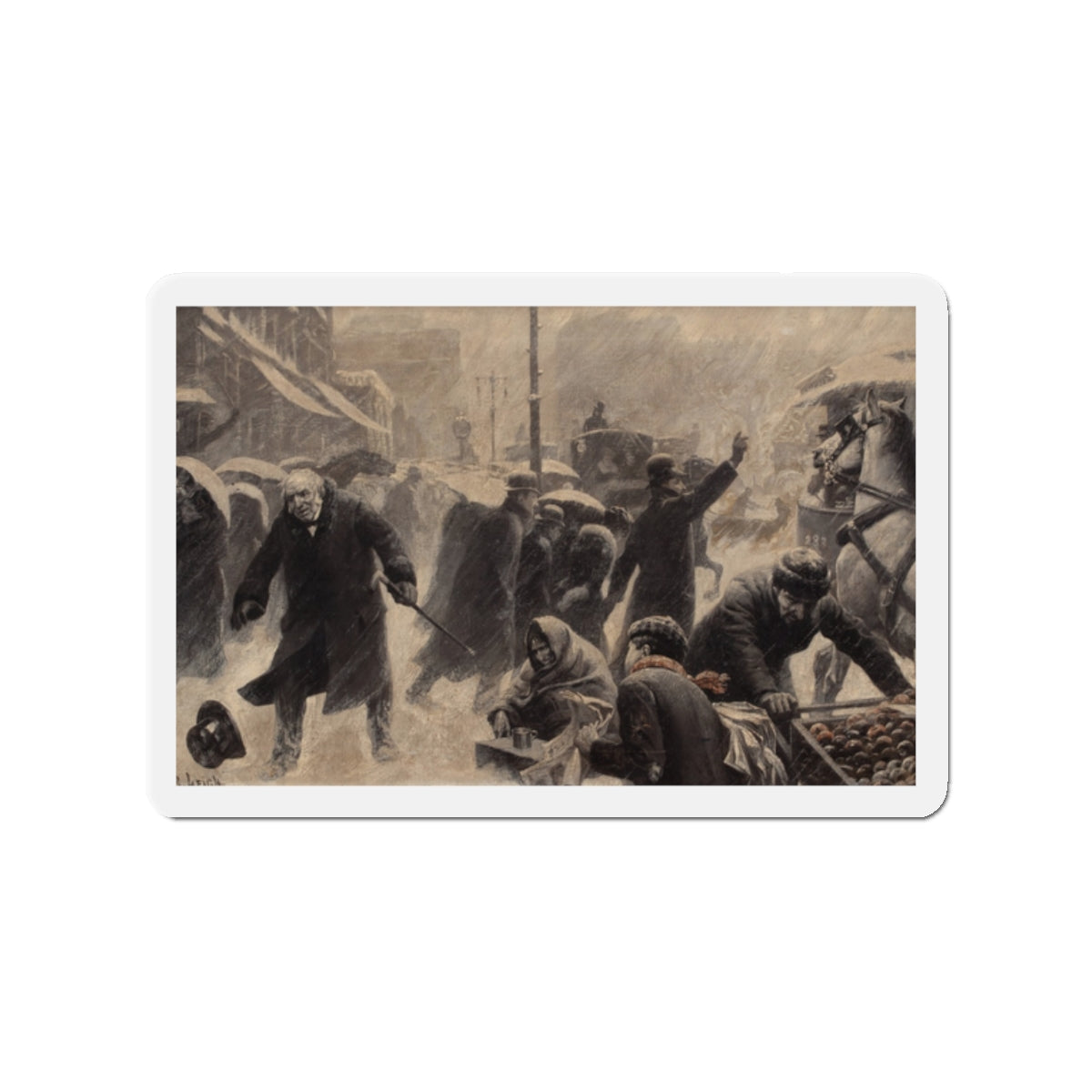 New York Street Scene, Collier's Weekly magazine story illustration, circa 1898 (Magazine Illustration) Refrigerator Magnet-2" x 2"-The Sticker Space