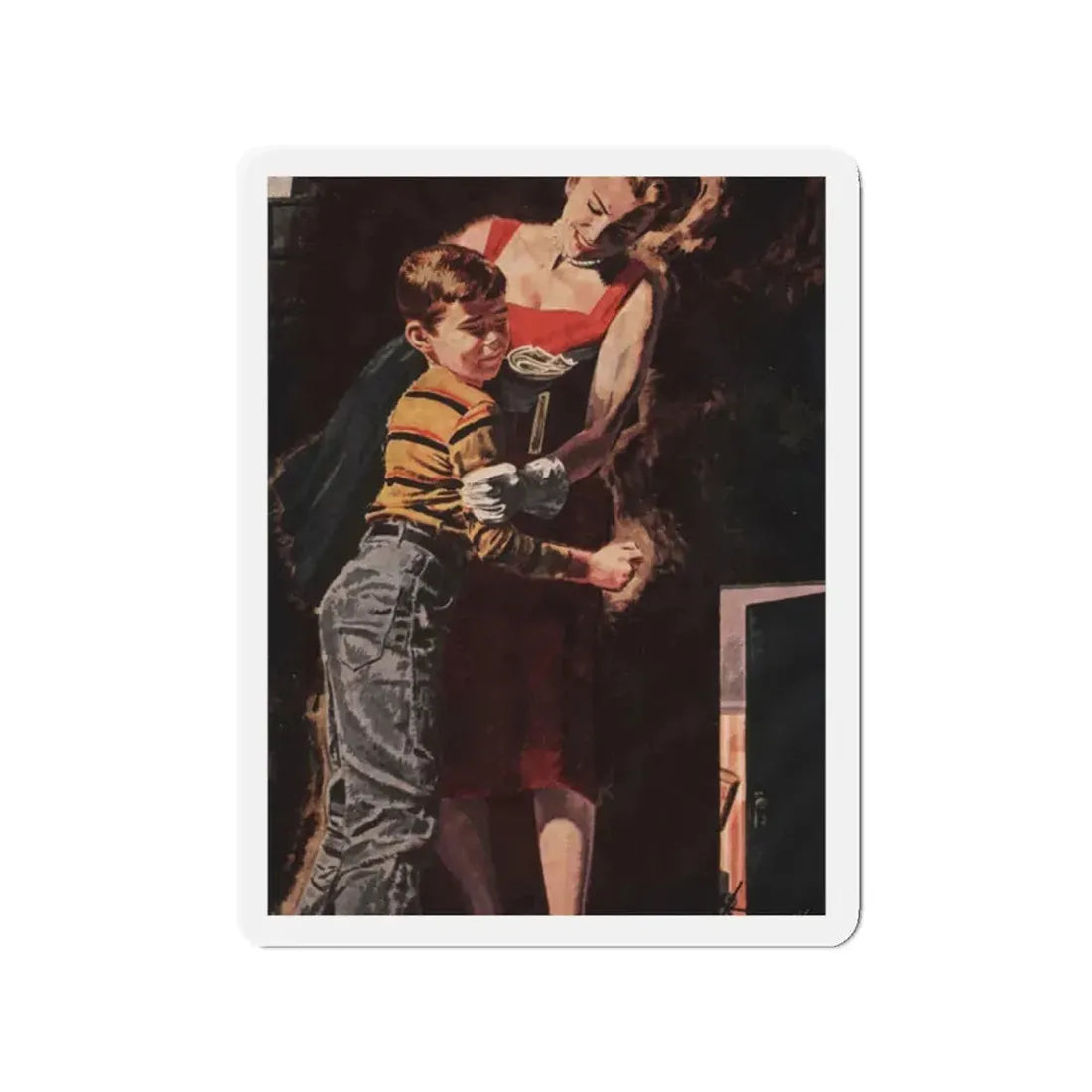 Next Door (2), Cosmopolitan, April 1955 (Magazine Illustration) Refrigerator Magnet 2 Inch - The Sticker Space