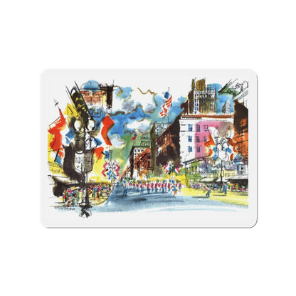 Nicollet Avenue, Minneapolis by Cedric Adams, Esquire, 1954 (Magazine Illustration) Refrigerator Magnet-2" x 2"-The Sticker Space