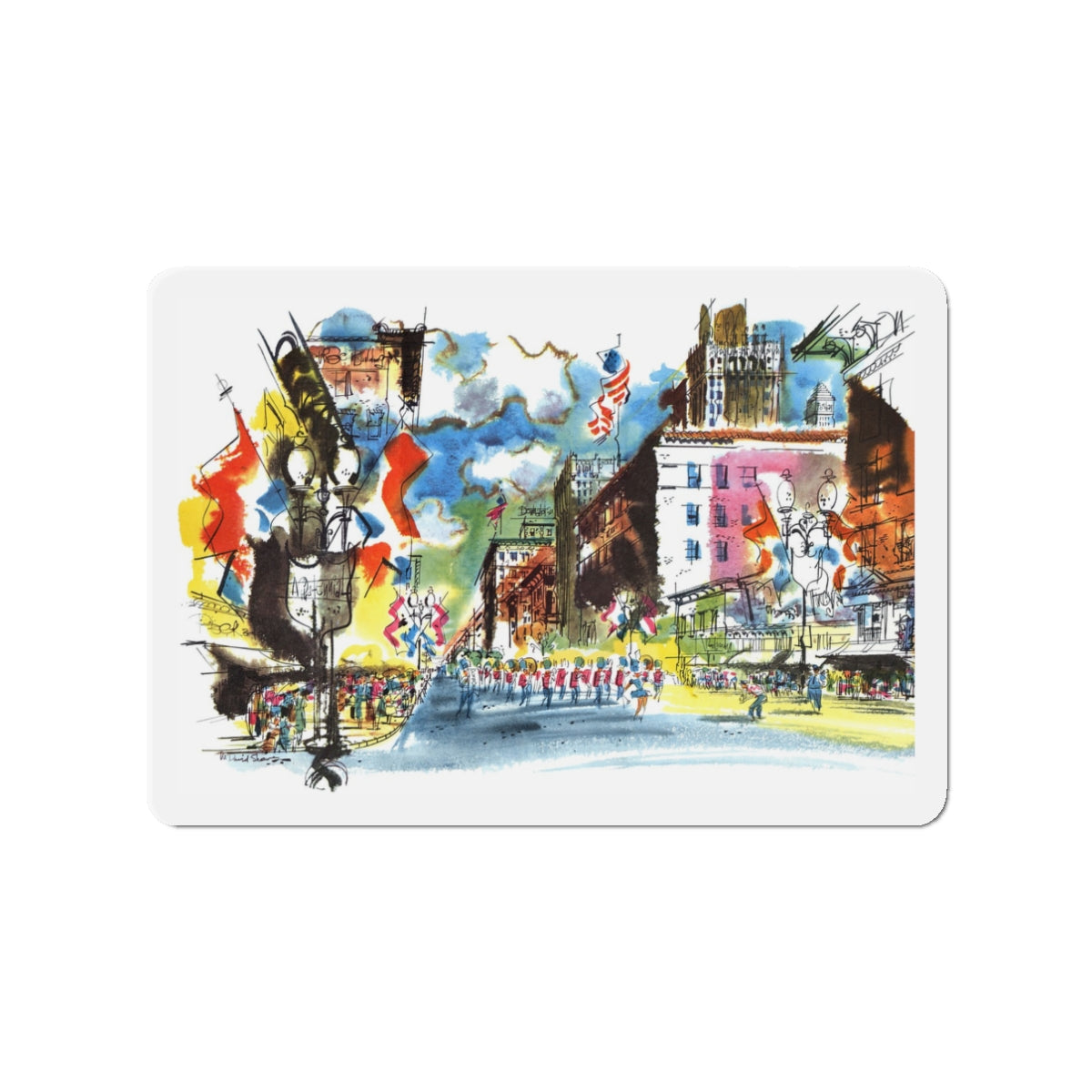 Nicollet Avenue, Minneapolis by Cedric Adams, Esquire, 1954 (Magazine Illustration) Refrigerator Magnet-3" x 3"-The Sticker Space