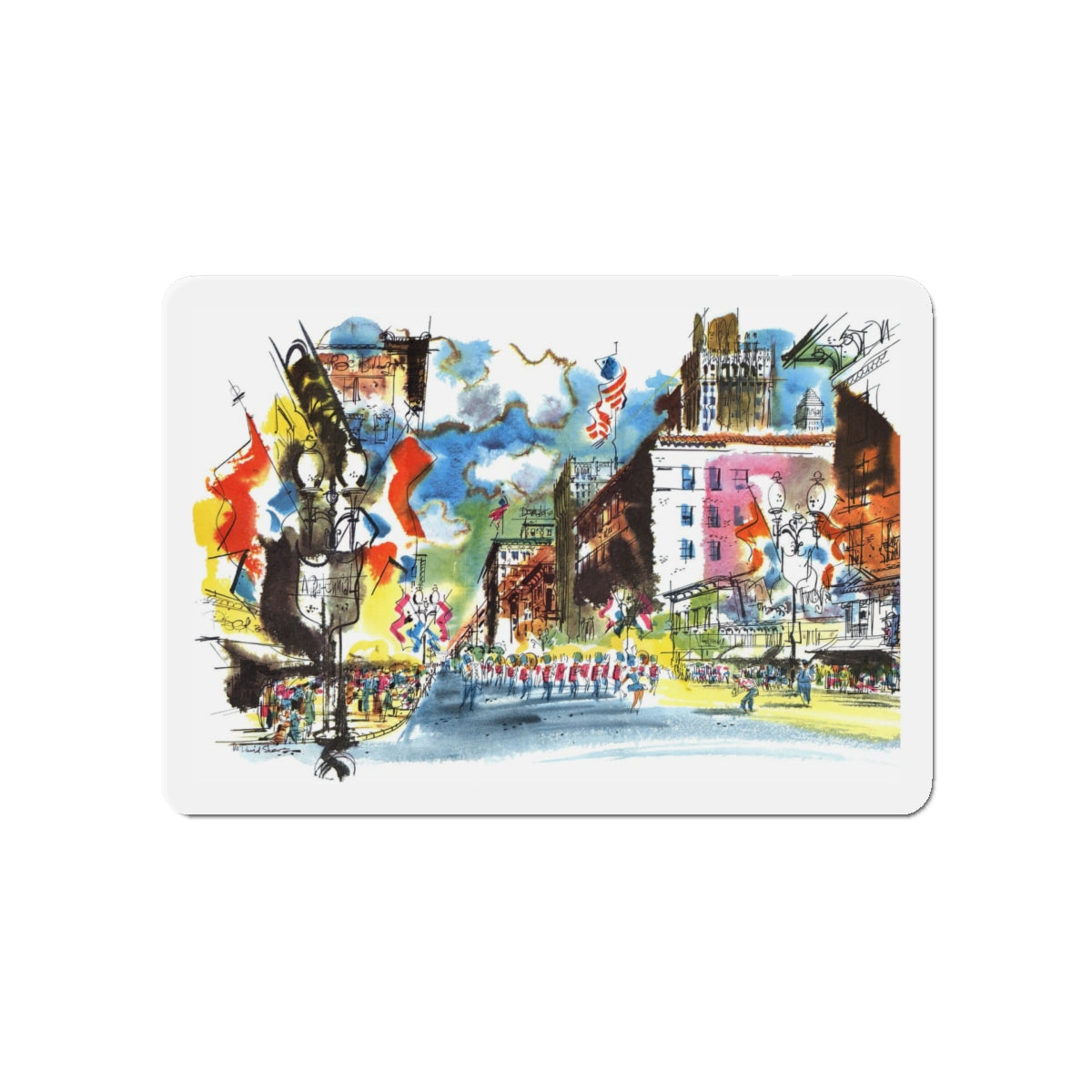 Nicollet Avenue, Minneapolis by Cedric Adams, Esquire, 1954 (Magazine Illustration) Refrigerator Magnet-5" x 5"-The Sticker Space