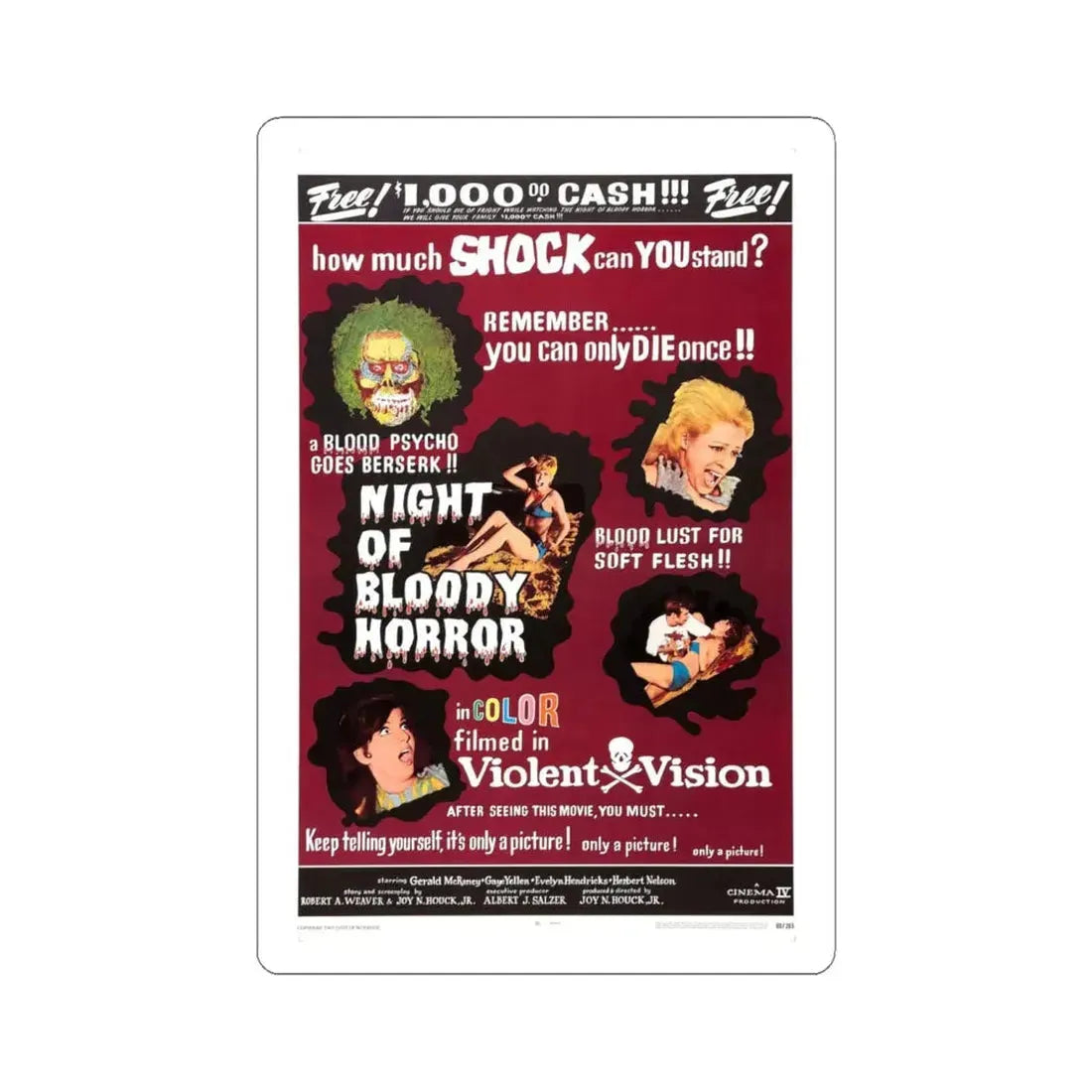 NIGHT OF BLOODY HORROR (2) 1969 Movie Poster - STICKER Vinyl Kiss-Cut Decal 6 Inch White - The Sticker Space