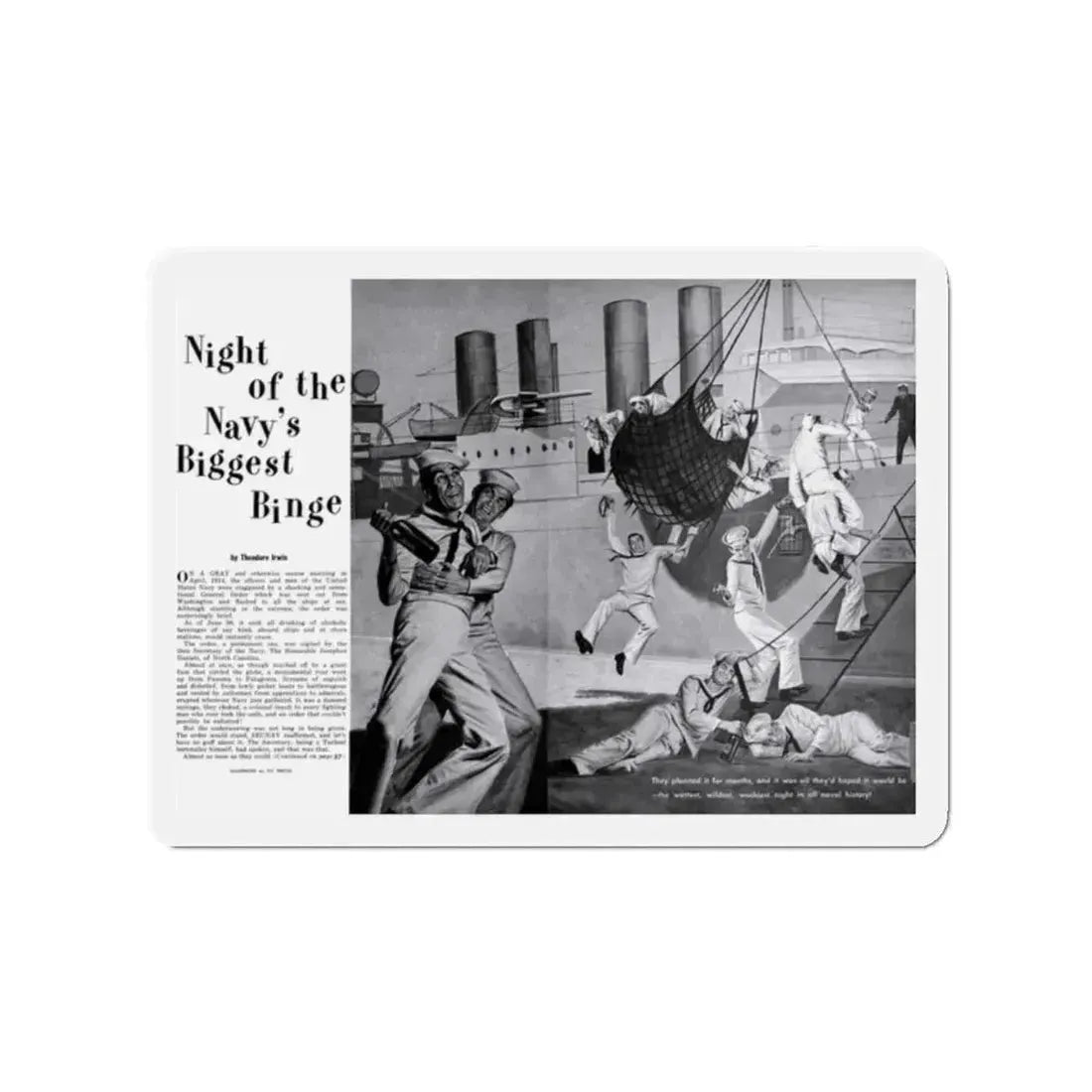 Night of the Navy's Biggest Binge, Bluebook for Men, October 1960 (Magazine Illustration) Refrigerator Magnet 2 Inch - The Sticker Space