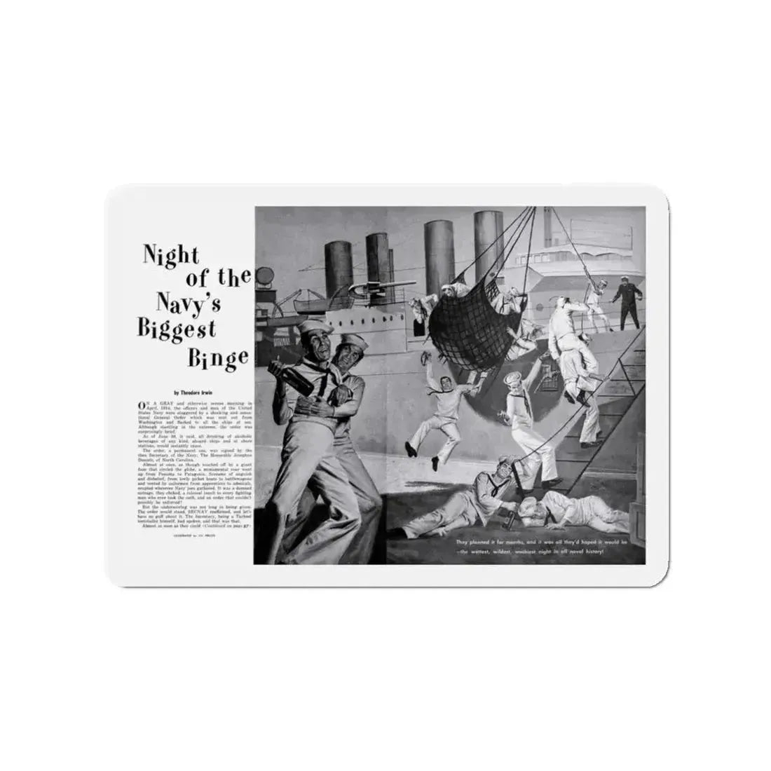 Night of the Navy's Biggest Binge, Bluebook for Men, October 1960 (Magazine Illustration) Refrigerator Magnet 3 Inch - The Sticker Space