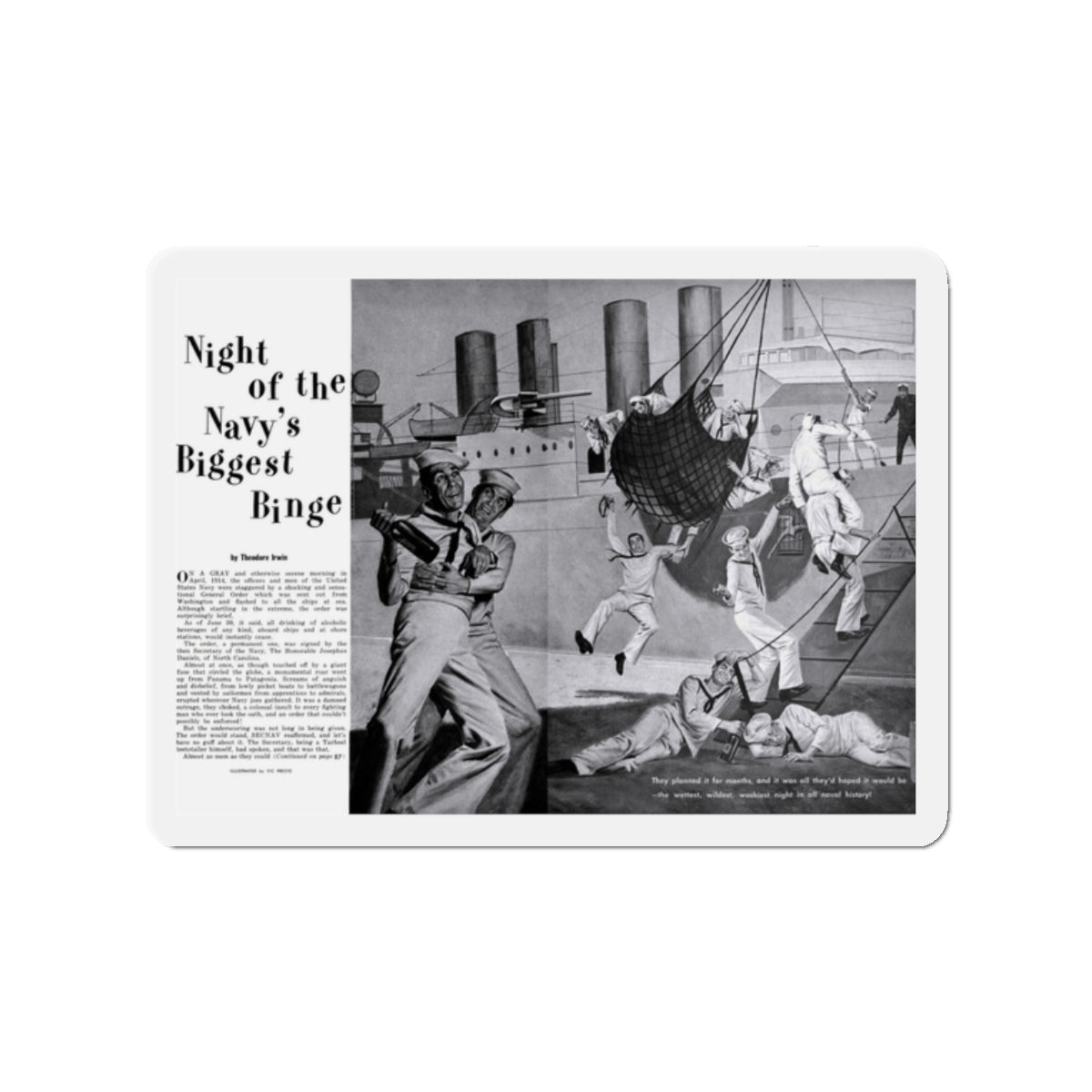 Night of the Navy's Biggest Binge, Bluebook for Men, October 1960 (Magazine Illustration) Refrigerator Magnet-2" x 2"-The Sticker Space