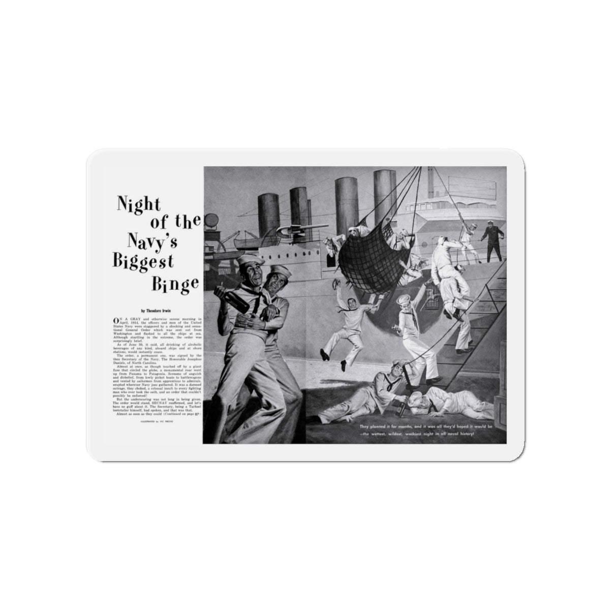 Night of the Navy's Biggest Binge, Bluebook for Men, October 1960 (Magazine Illustration) Refrigerator Magnet-4" x 4"-The Sticker Space