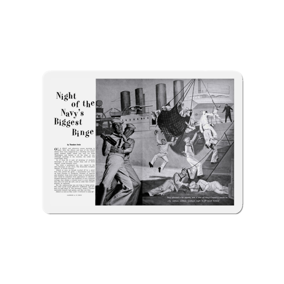 Night of the Navy's Biggest Binge, Bluebook for Men, October 1960 (Magazine Illustration) Refrigerator Magnet-5" x 5"-The Sticker Space