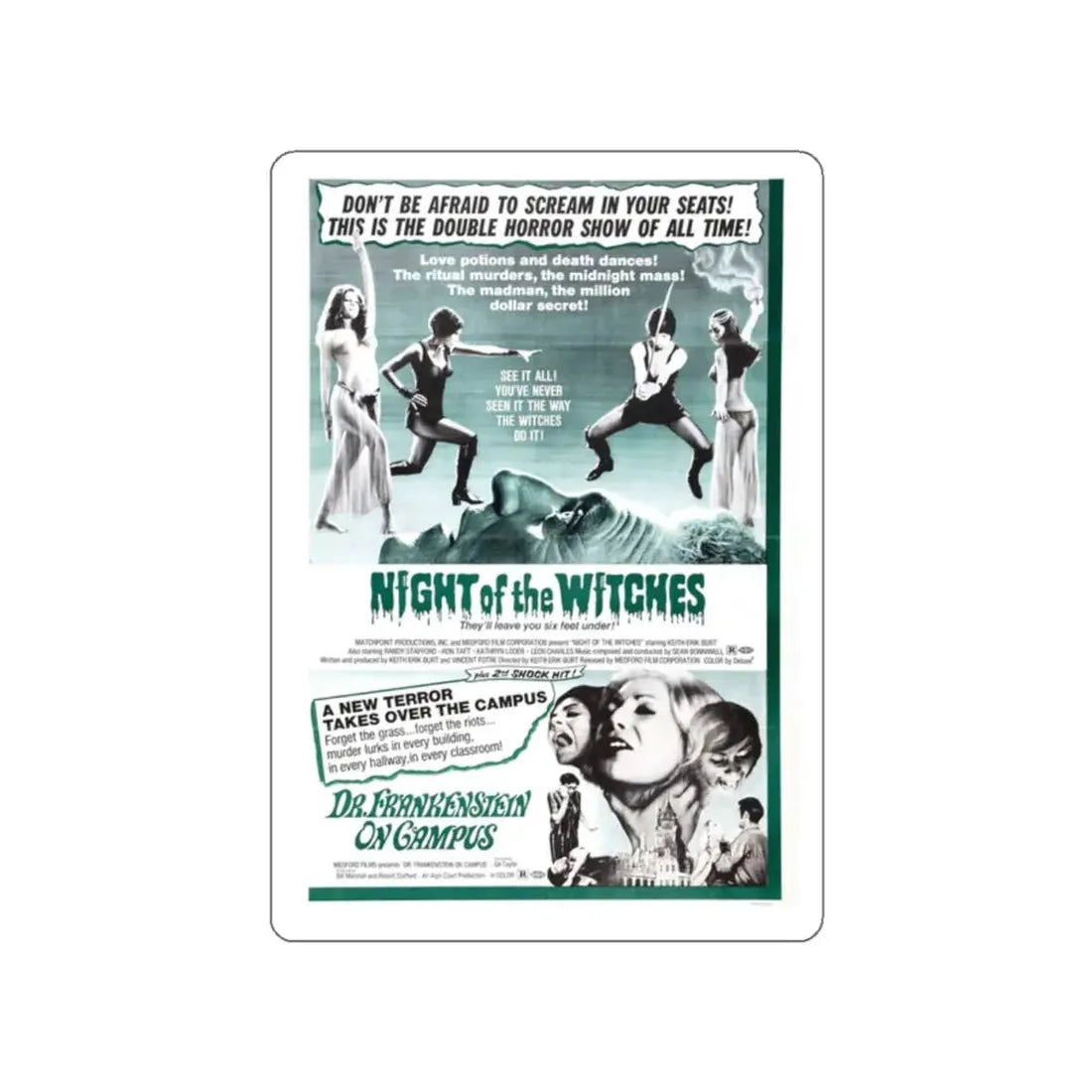 NIGHT OF THE WITCHES + DR FRANKENSTEIN ON CAMPUS 1970 Movie Poster STICKER Vinyl Die-Cut Decal 2 Inch - The Sticker Space