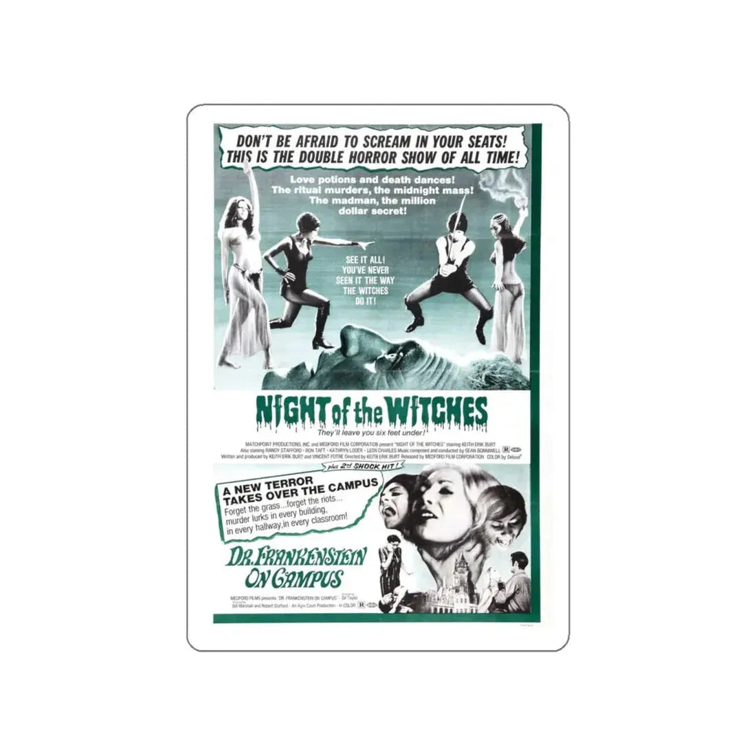 NIGHT OF THE WITCHES + DR FRANKENSTEIN ON CAMPUS 1970 Movie Poster STICKER Vinyl Die-Cut Decal 5 Inch - The Sticker Space