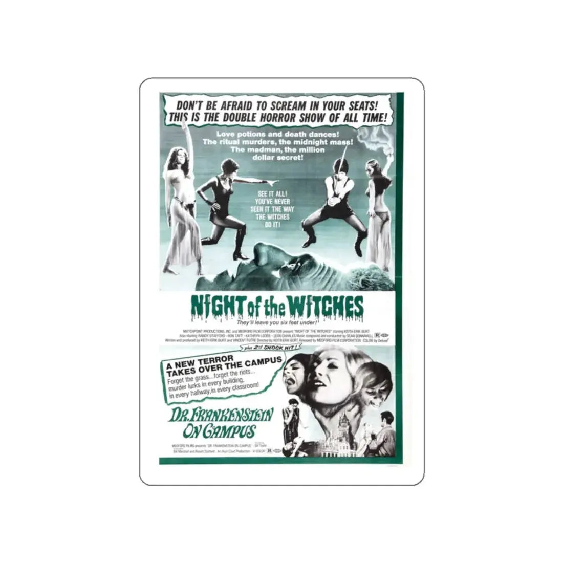 NIGHT OF THE WITCHES + DR FRANKENSTEIN ON CAMPUS 1970 Movie Poster STICKER Vinyl Die-Cut Decal - The Sticker Space