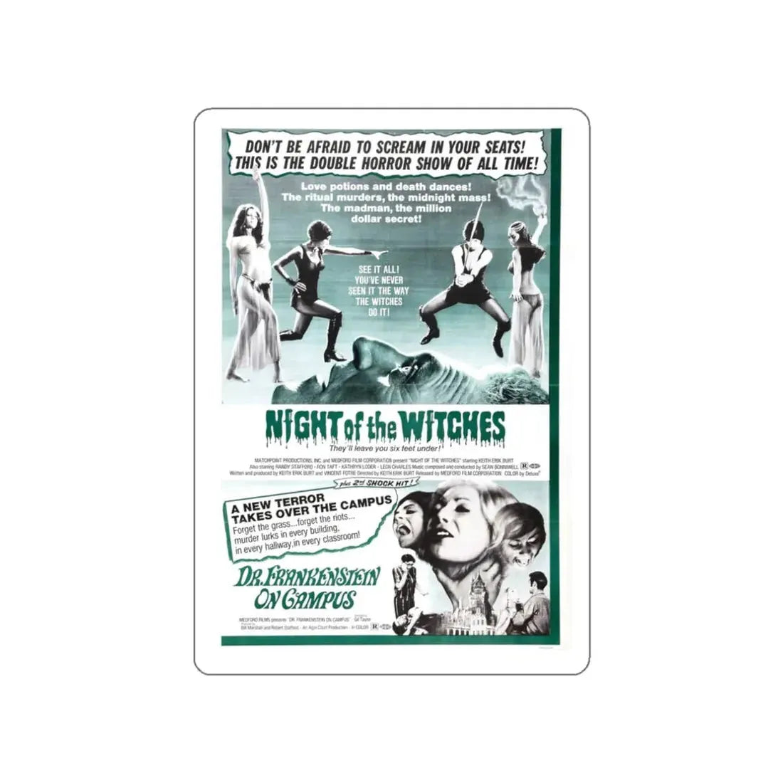 NIGHT OF THE WITCHES + DR FRANKENSTEIN ON CAMPUS 1970 Movie Poster STICKER Vinyl Die-Cut Decal - The Sticker Space