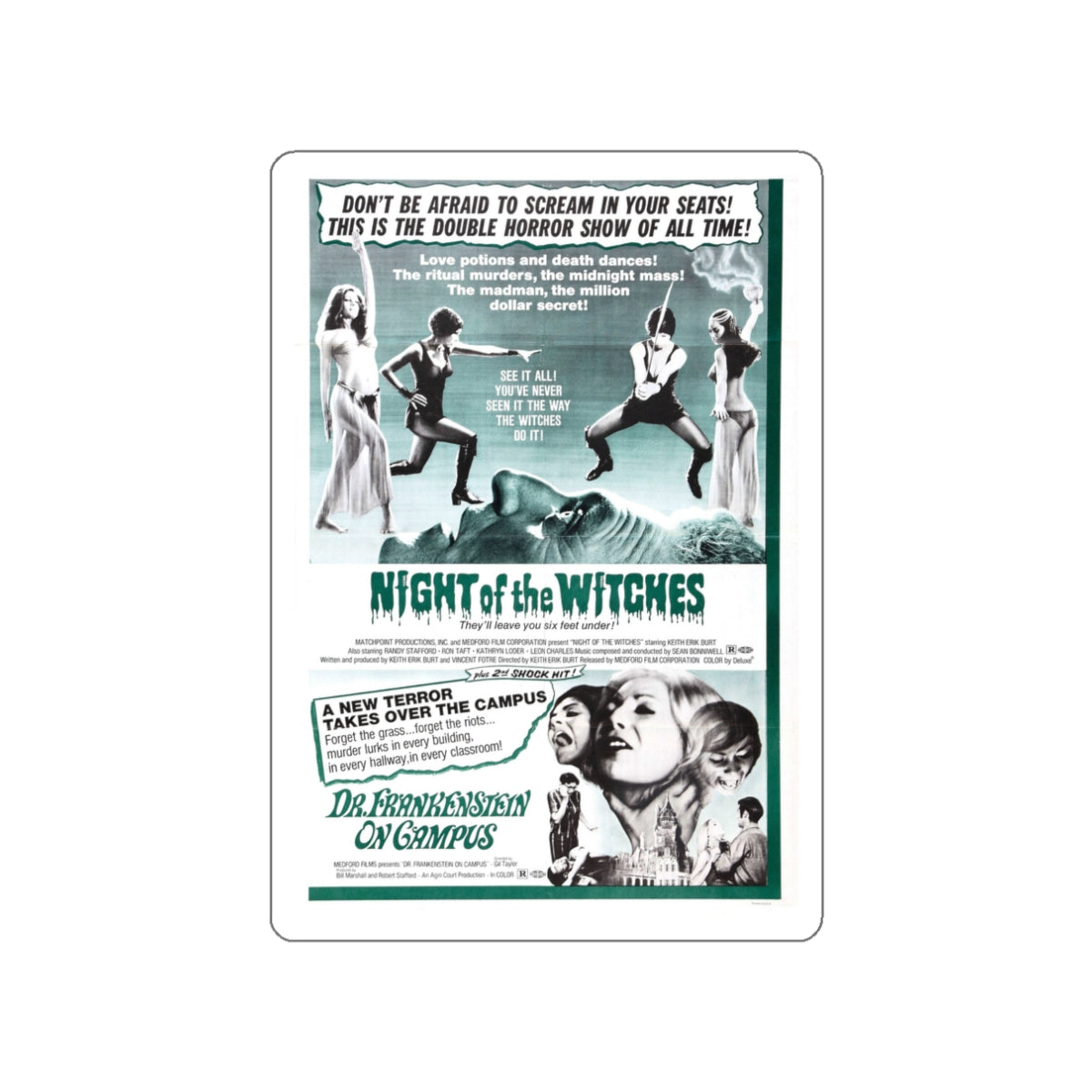 NIGHT OF THE WITCHES + DR FRANKENSTEIN ON CAMPUS 1970 Movie Poster STICKER Vinyl Die-Cut Decal-White-The Sticker Space