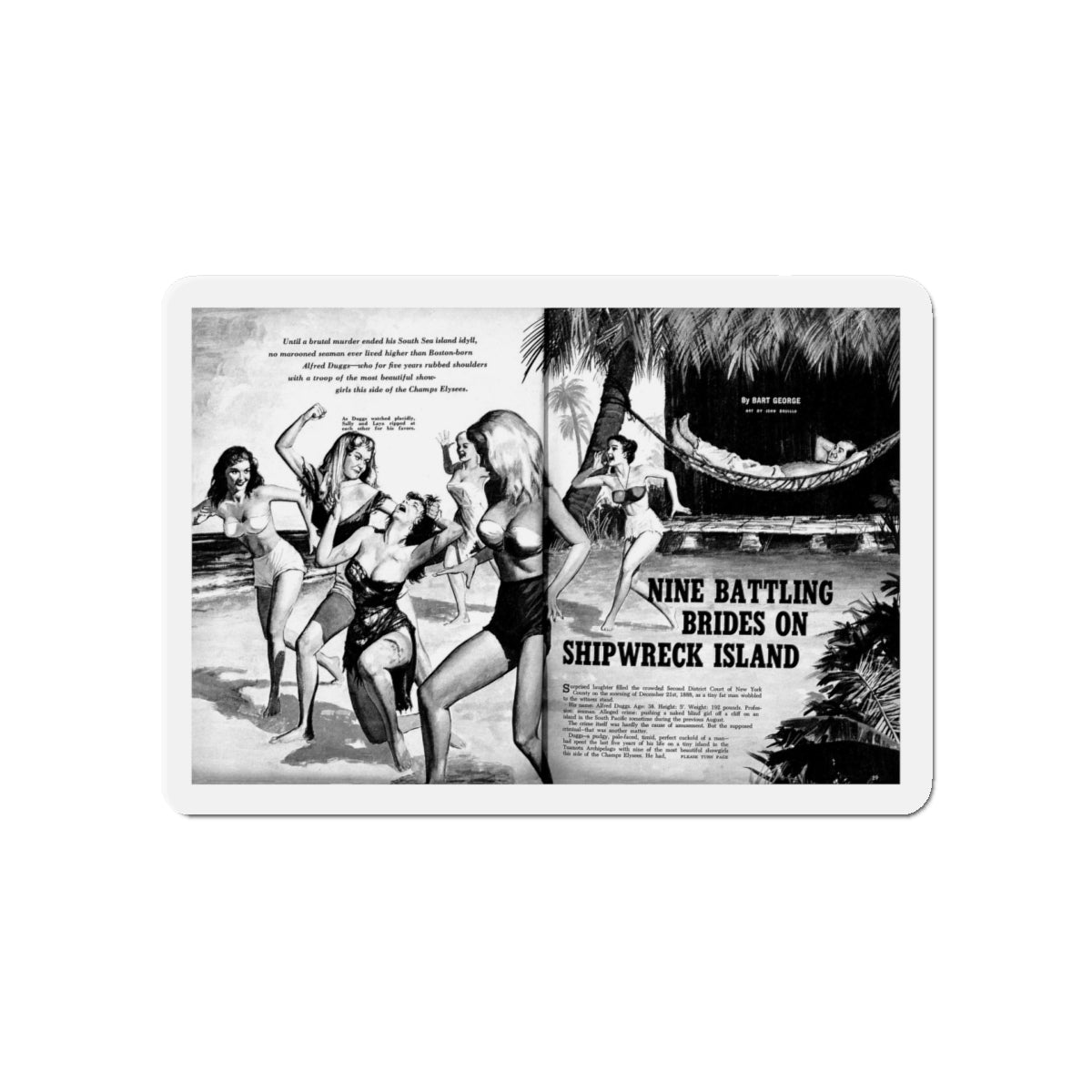 Nine Battling Brides on Shipwreck Island, Man's Day, February 1961 (Magazine Illustration) Refrigerator Magnet-5" x 5"-The Sticker Space