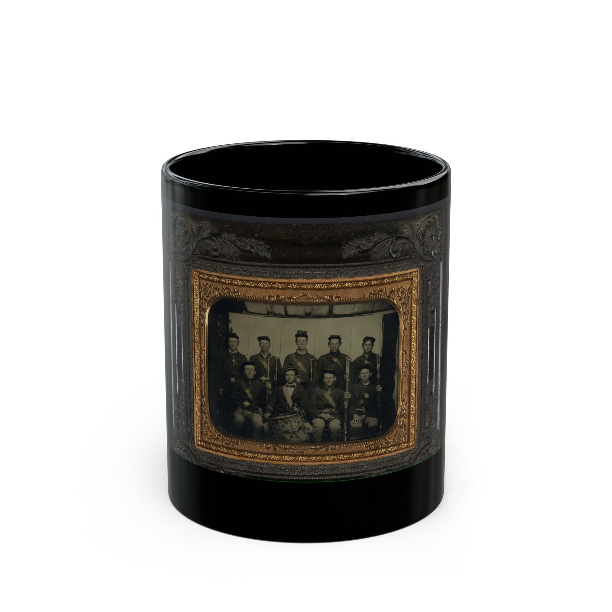 Nine Unidentified Soldiers In Union Uniforms And Forage Caps, Eight With Bayoneted Muskets And One With A Drum (U.S. Civil War) Black Coffee Mug-11oz-The Sticker Space