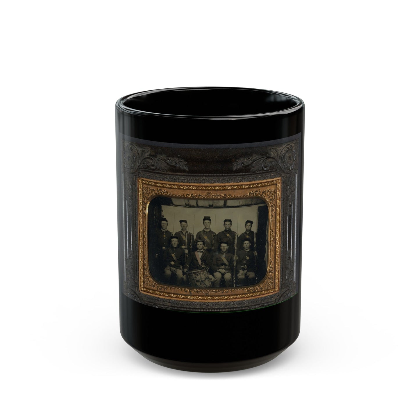 Nine Unidentified Soldiers In Union Uniforms And Forage Caps, Eight With Bayoneted Muskets And One With A Drum (U.S. Civil War) Black Coffee Mug-15oz-The Sticker Space