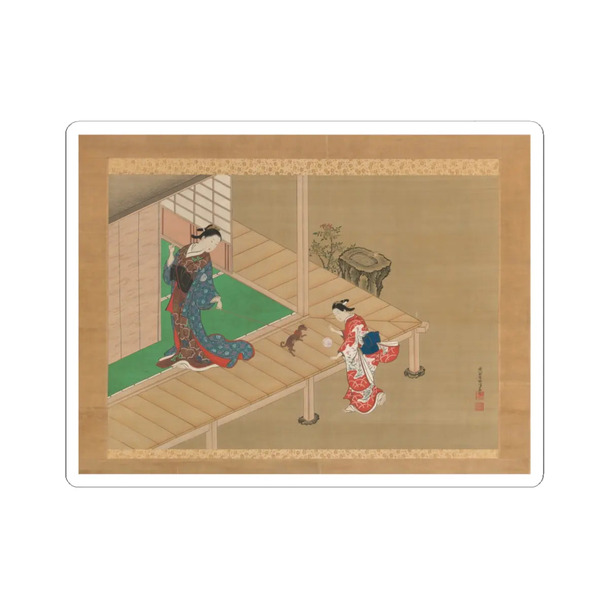 Nishikawa Sukenobu - Courtesan and Attendant Playing with a Dog - ca. 1716–1736 v1 - STICKER Vinyl Kiss-Cut Decal