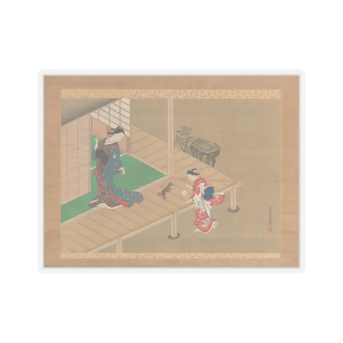 Nishikawa Sukenobu - Courtesan and Attendant Playing with a Dog - ca. 1716–1736 v1 - STICKER Vinyl Kiss-Cut Decal