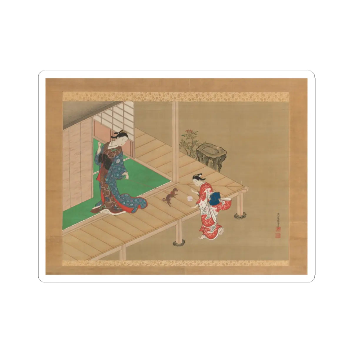 Nishikawa Sukenobu - Courtesan and Attendant Playing with a Dog - ca. 1716–1736 v1 - STICKER Vinyl Kiss-Cut Decal
